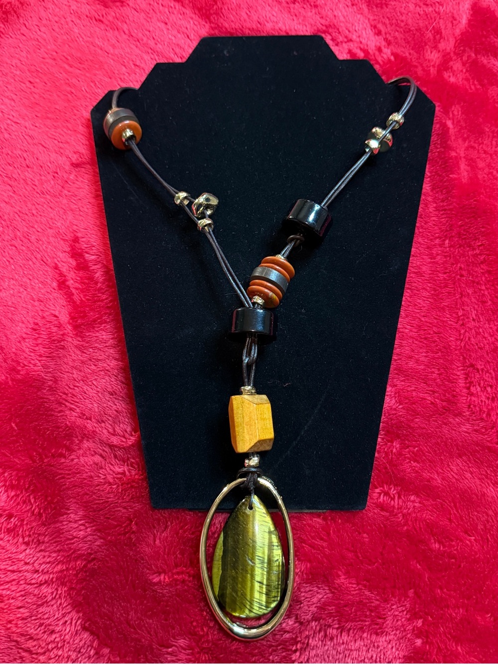 Chico’s Mixed Media Statement Necklace Tigers Eye Stone Wood Resin Cord